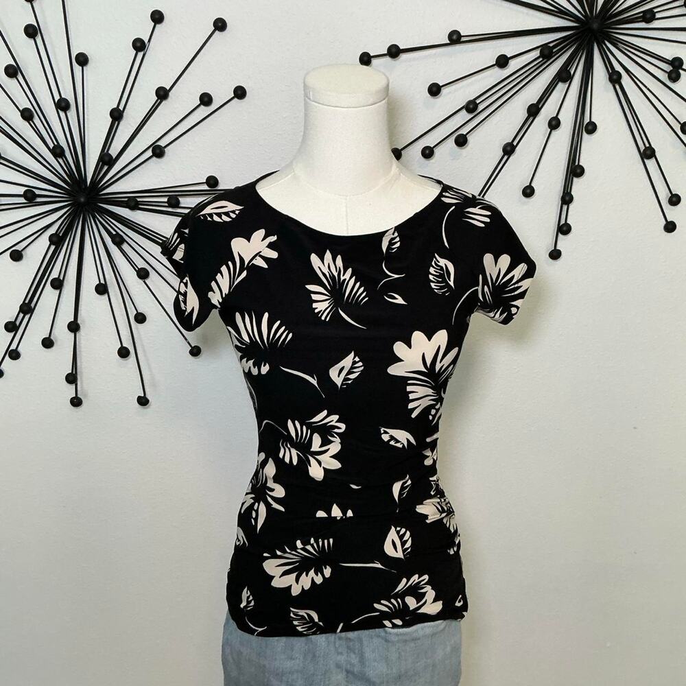 Lauren Ralph Lauren Black White Floral Ruched Stretch Top XS